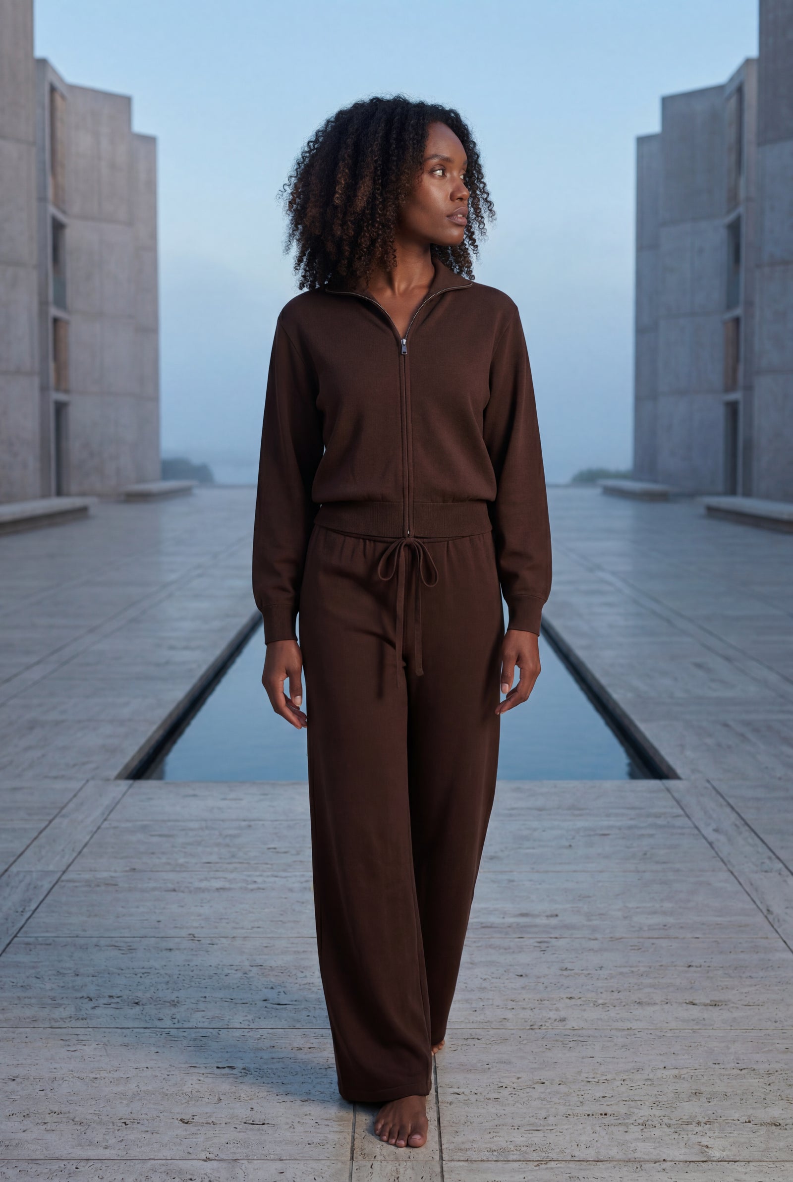 Dark Brown Relaxed Zip-up Jacket and Wide-leg Lounge Set - Loungewear set - Photo 6