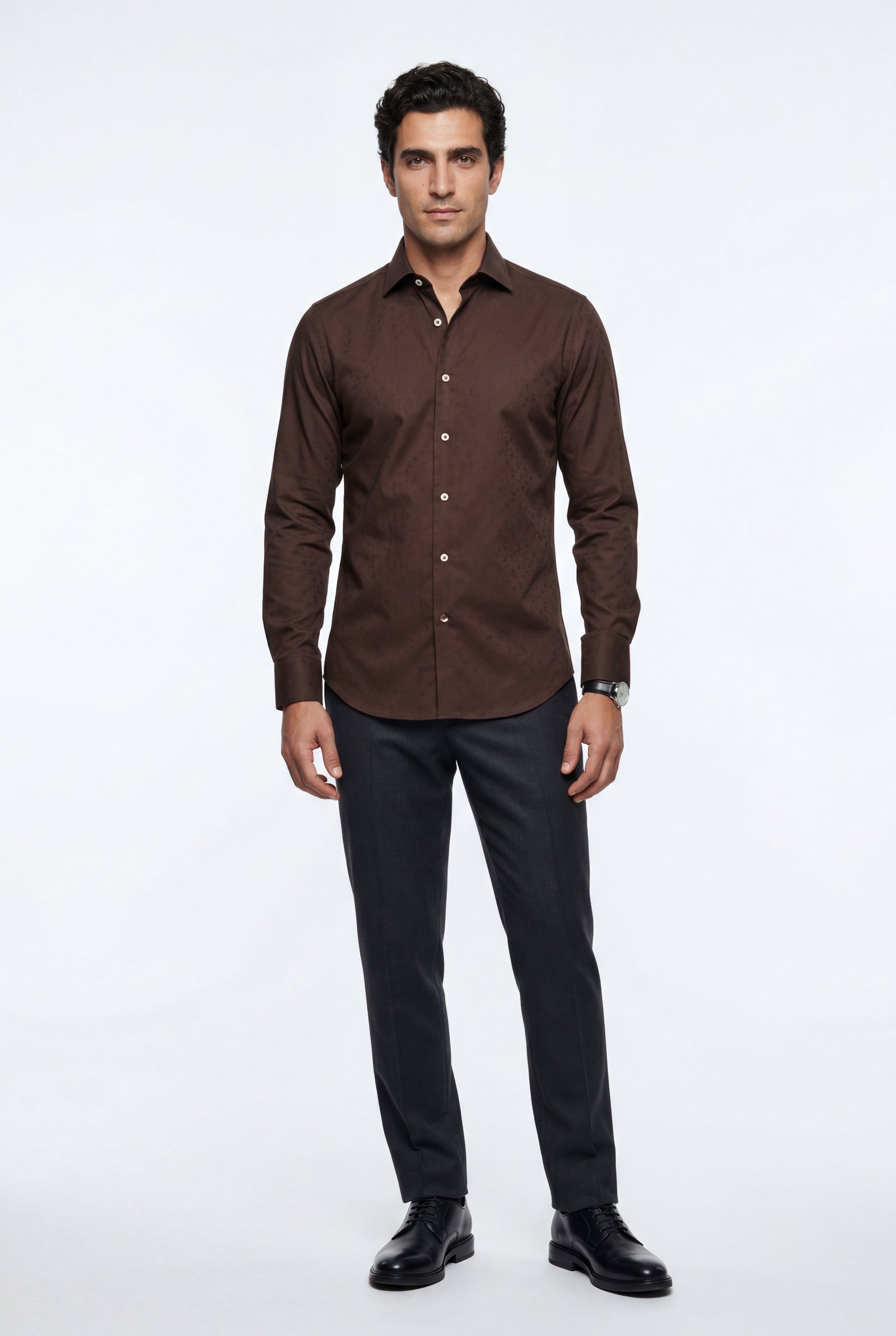 Dark Brown Slim Fit Textured Dress Shirt with Spread Collar - Dress Shirts - Photo 7
