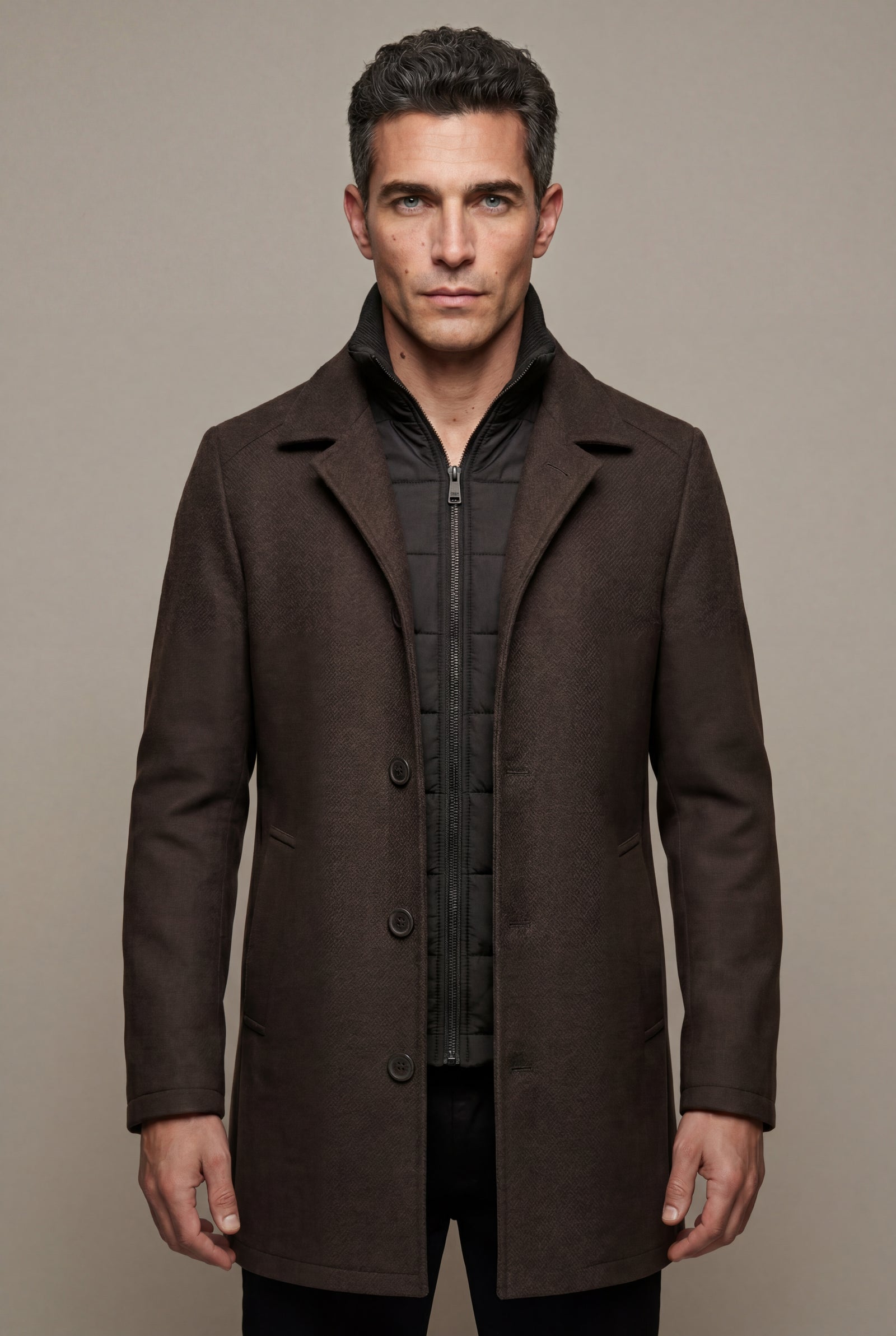 Dark Brown Tailored Three-button Winter Coat with Notched Lapel - Photo 1