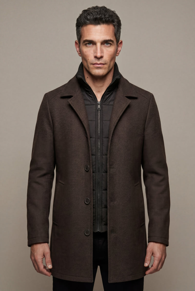 Dark Brown Tailored Three-button Winter Coat with Notched Lapel - Photo 1