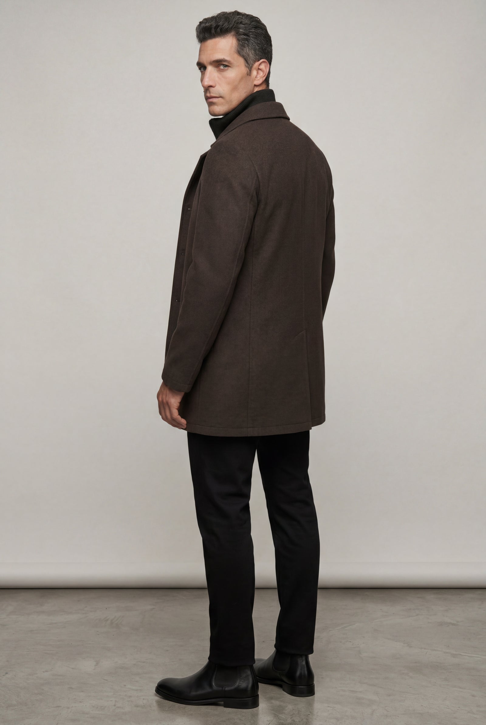 Dark Brown Tailored Three-button Winter Coat with Notched Lapel - Photo 2