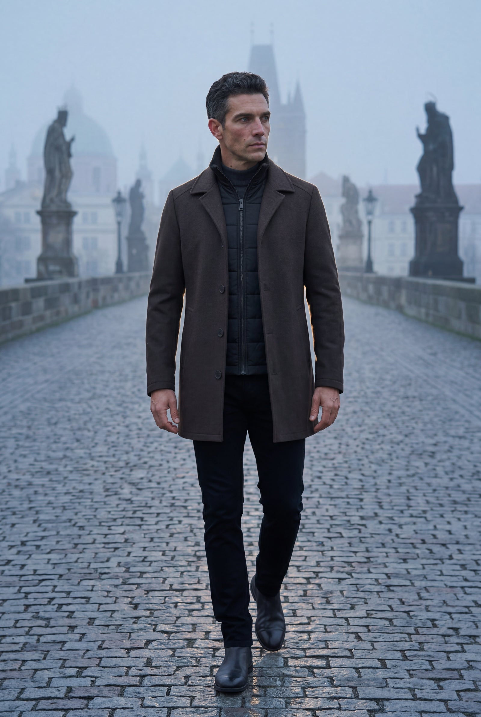 Dark Brown Tailored Three-button Winter Coat with Notched Lapel - Photo 7