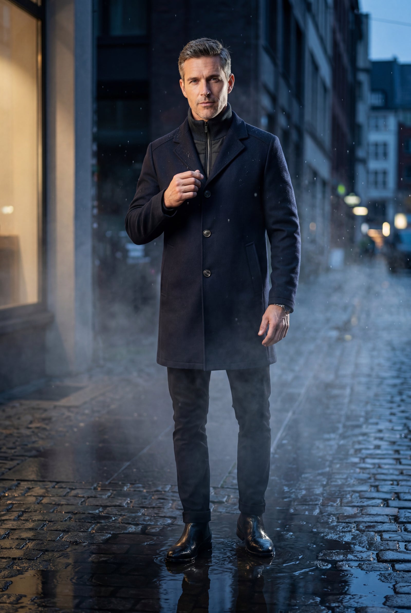 Navy Blue Tailored Three-button Winter Coat with Notched Lapel - Photo 8