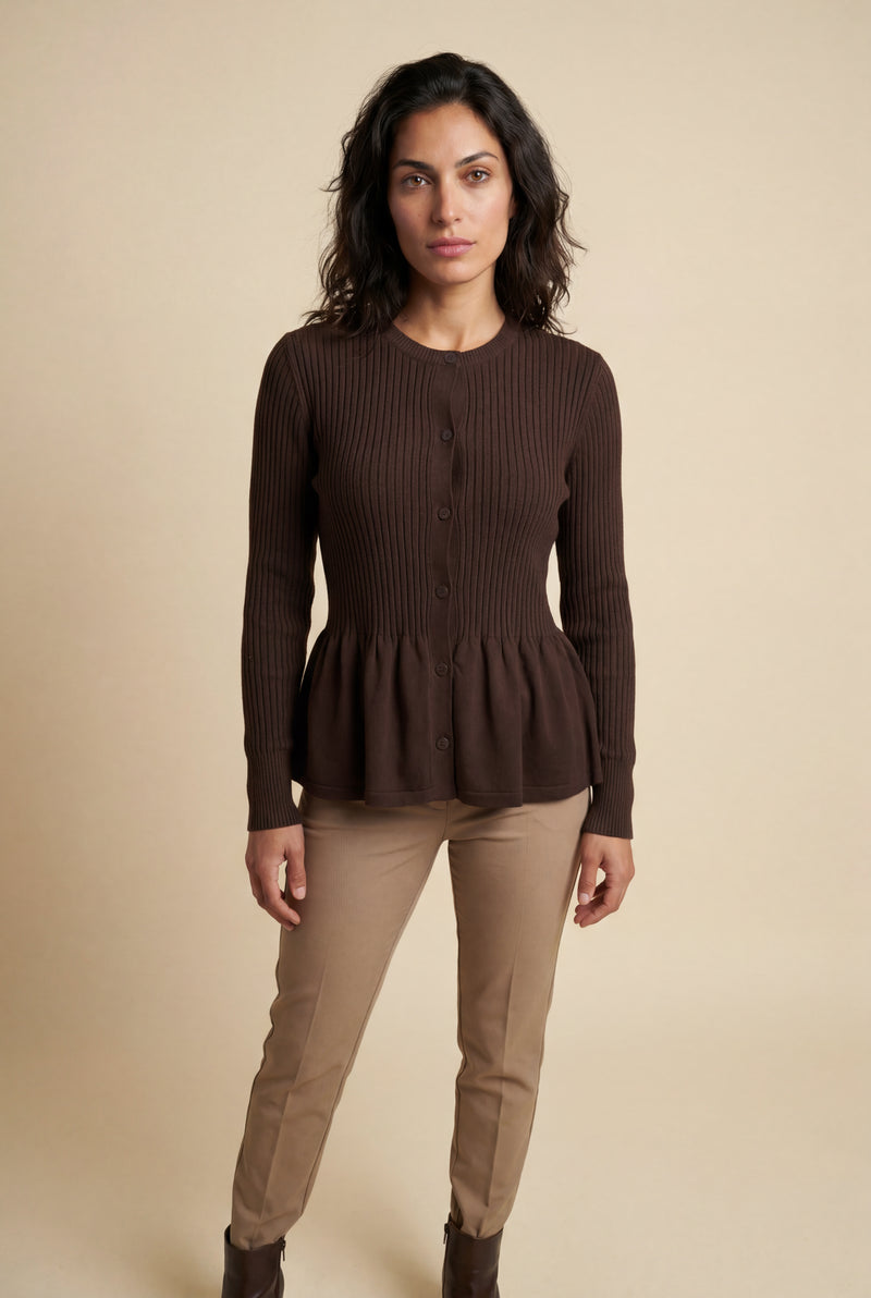 Dark Brown Women's Ribbed Button-Front Peplum Cardigan - Cardigans - Photo 2