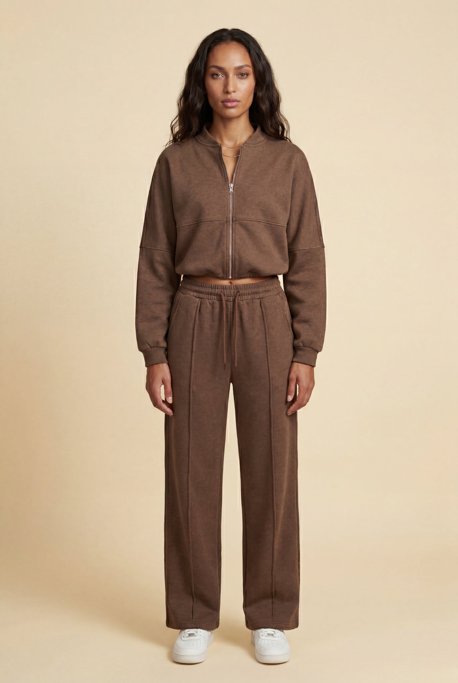 Dark Brown Zip-up Bomber Jacket Wide-leg Tracksuit Set - Photo 8