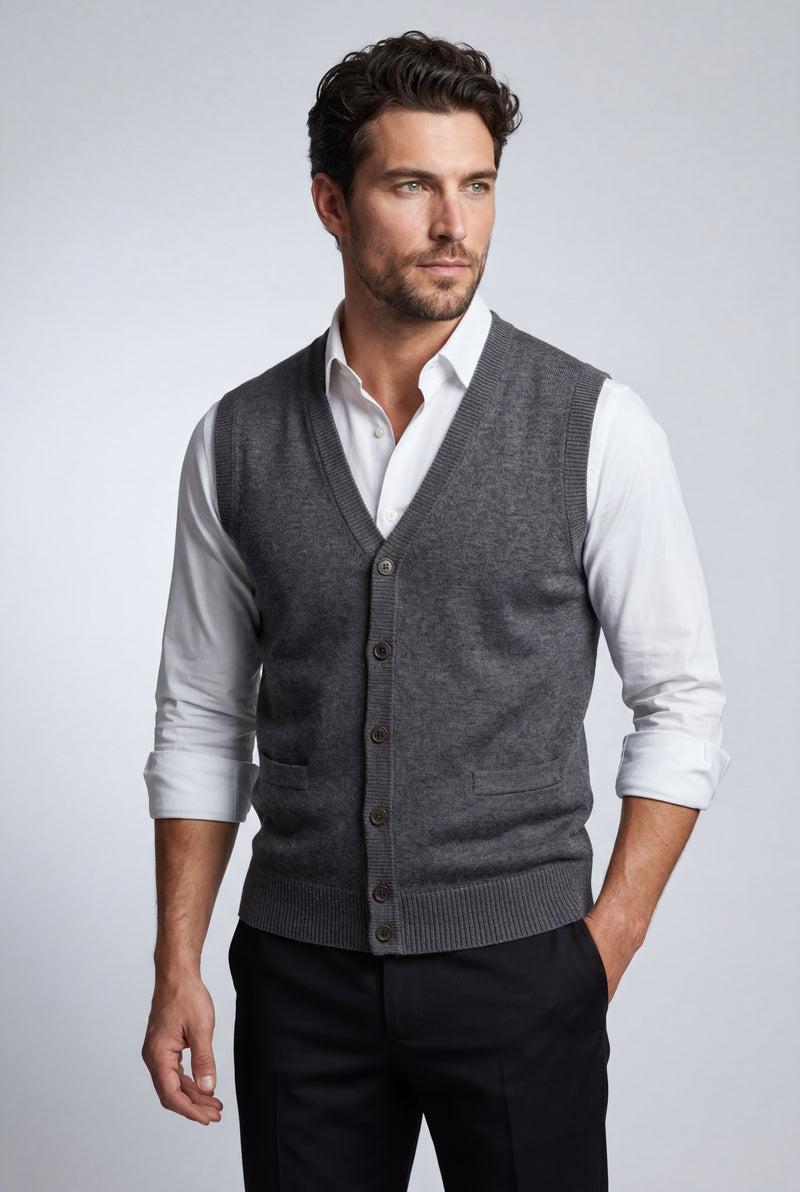 Dark Gray Button-front V-neck Sleeveless Sweater Vest - Photo 4