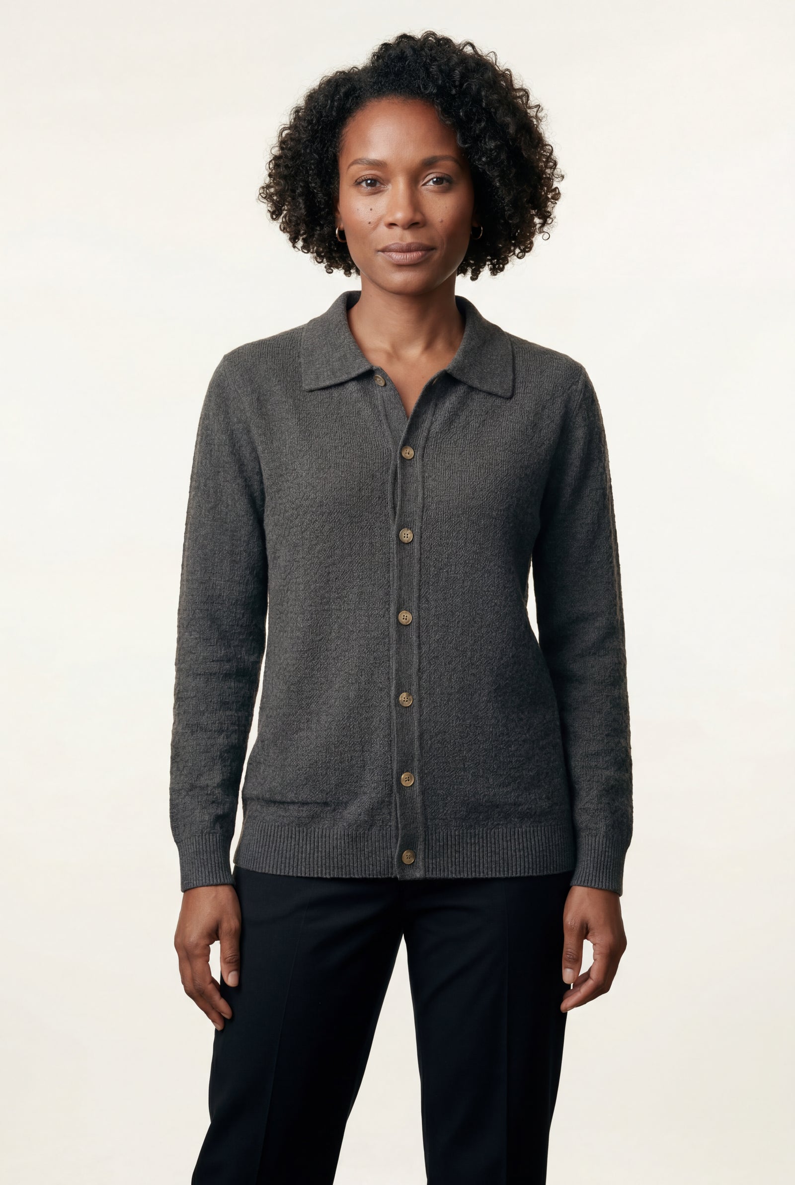Dark Gray Button-up Collared Cardigan with Patch Pockets - Wool cardigan - Photo 3
