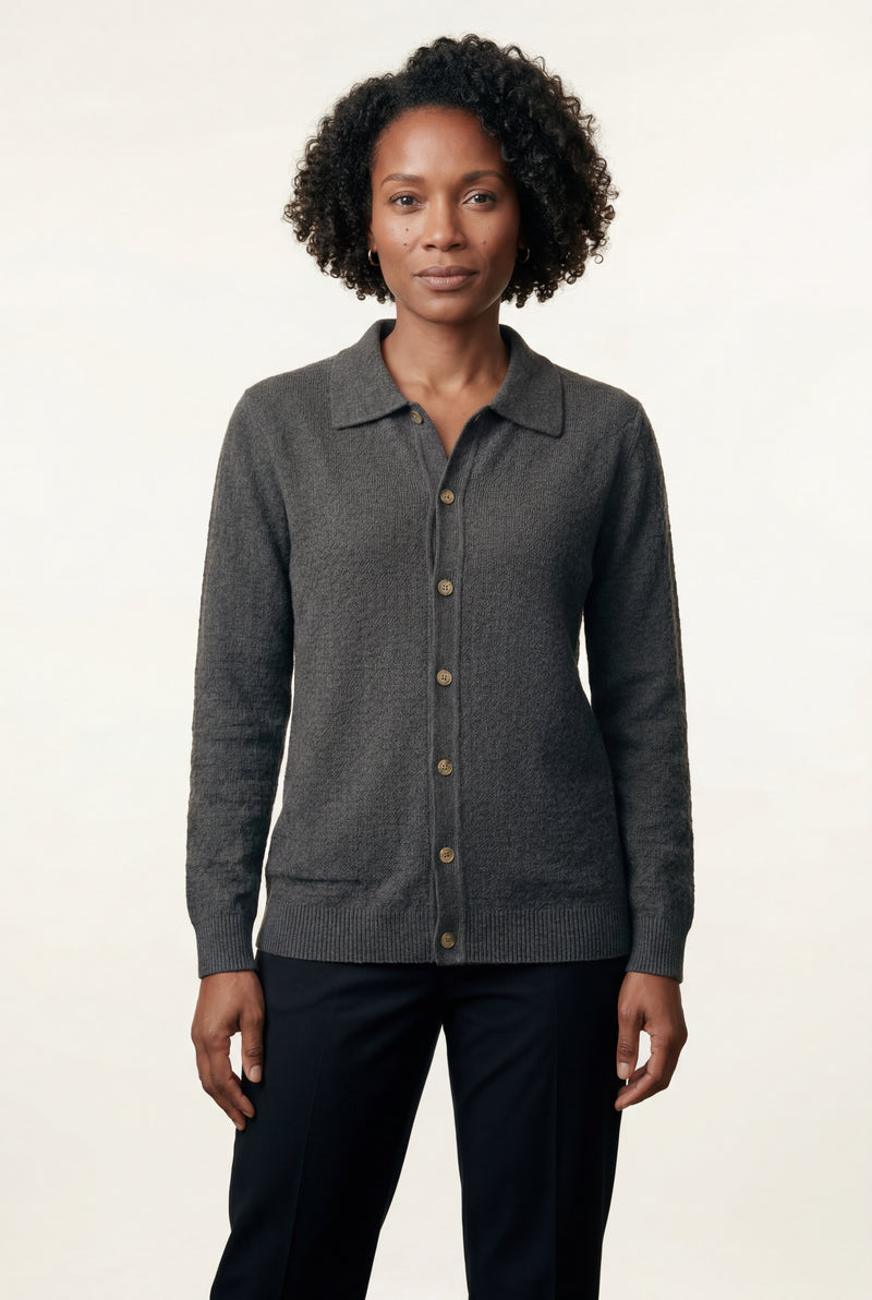 Dark Gray Button-up Collared Cardigan with Patch Pockets - Wool cardigan - Photo 3