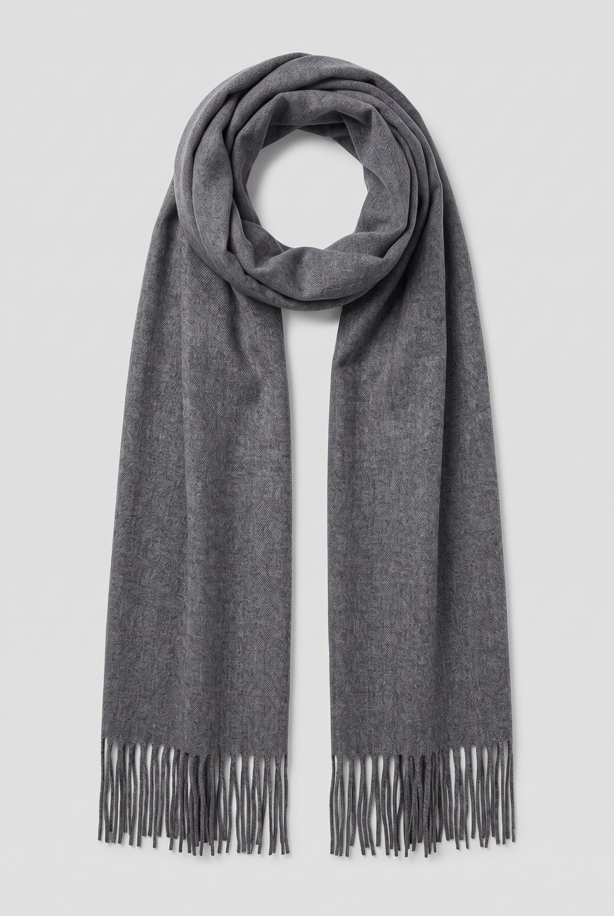 Cashmere Fringed Scarf in Dark Gray — studio front