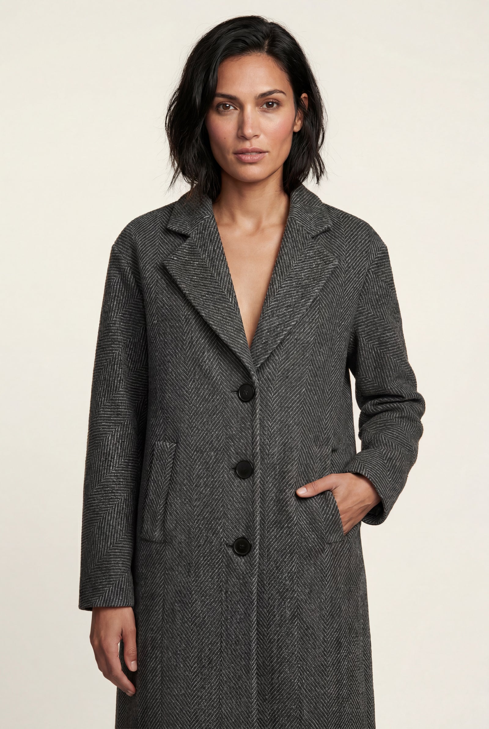 Dark Gray Charcoal Grey Herringbone Single-breasted Trench Coat - Photo 1