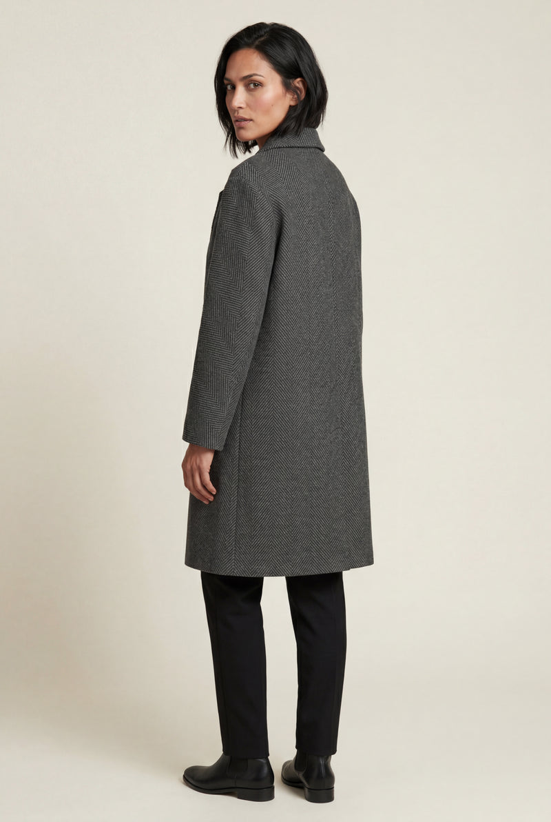 Dark Gray Charcoal Grey Herringbone Single-breasted Trench Coat - Photo 2