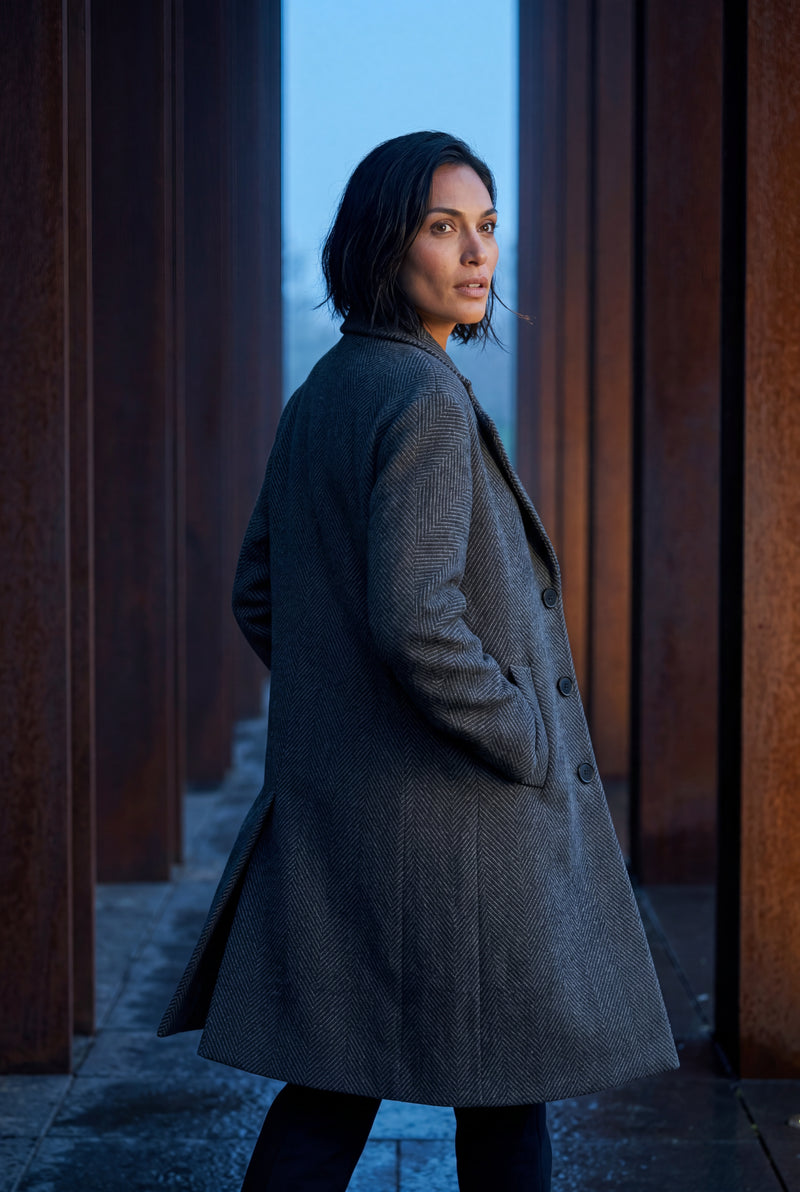 Dark Gray Charcoal Grey Herringbone Single-breasted Trench Coat - Photo 4