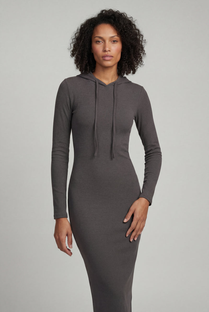 Dark Gray Hooded Long Sleeve Bodycon Maxi Dress - Photo 3