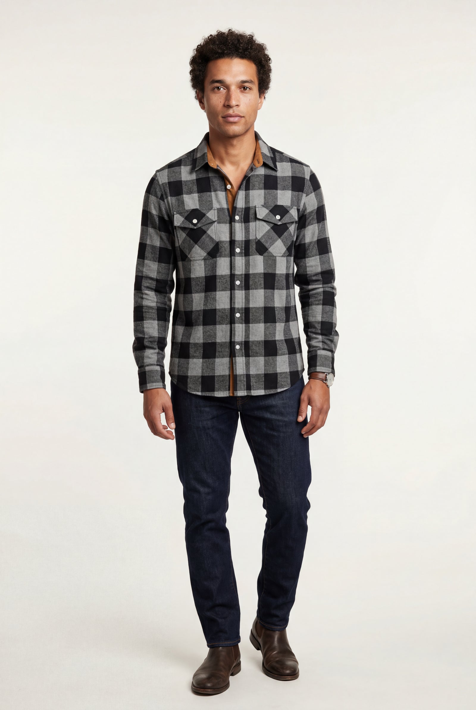 Dark Gray Large Check Plaid Long Sleeve Button Down Shirt - Casual shirts - Photo 12