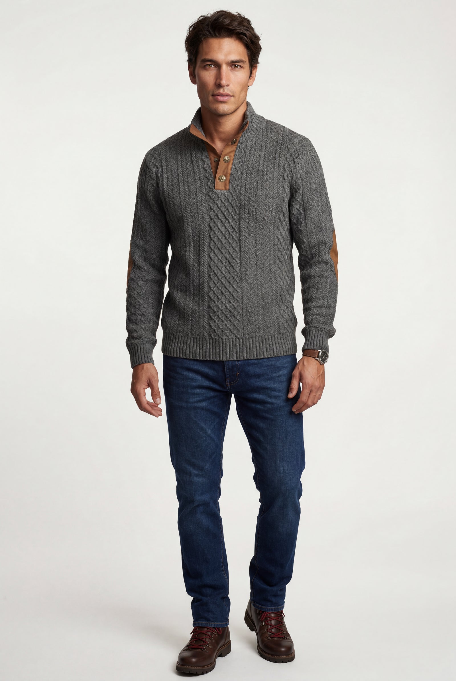 Dark Gray Men's Cable Pullover Sweater with Elbow Patches - Photo 7