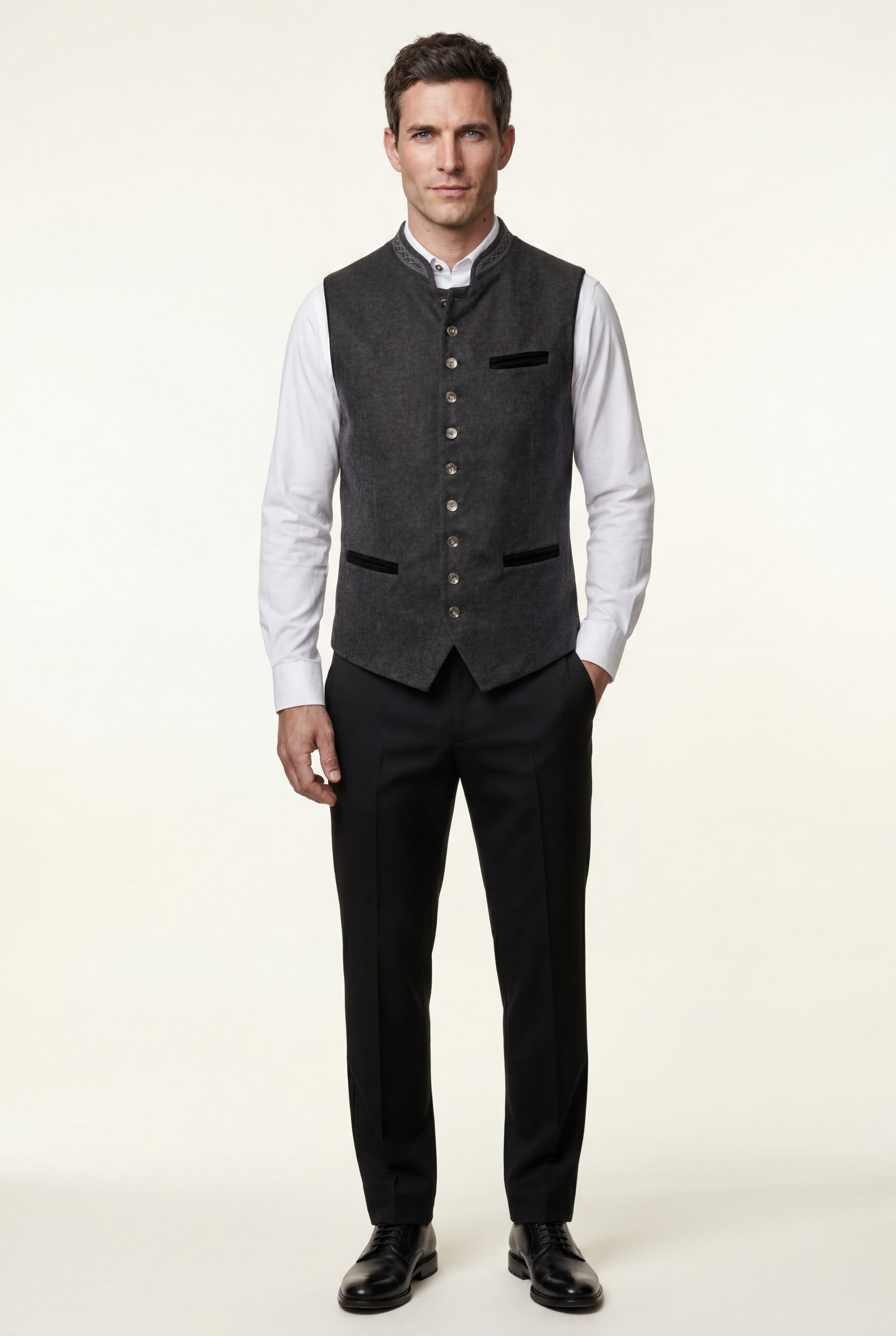 Dark Gray Men's Charcoal Embroidered Stand Collar Buttoned Vest - Mens vests - Photo 1