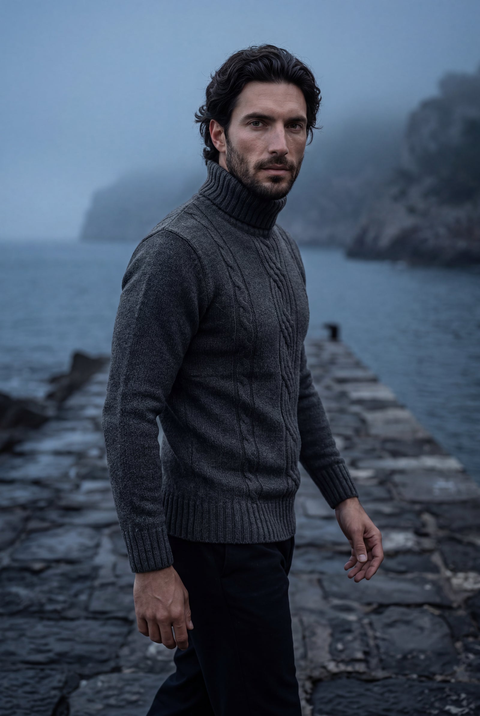 Dark Gray Men's Chunky Cable Turtleneck Sweater - Photo 7