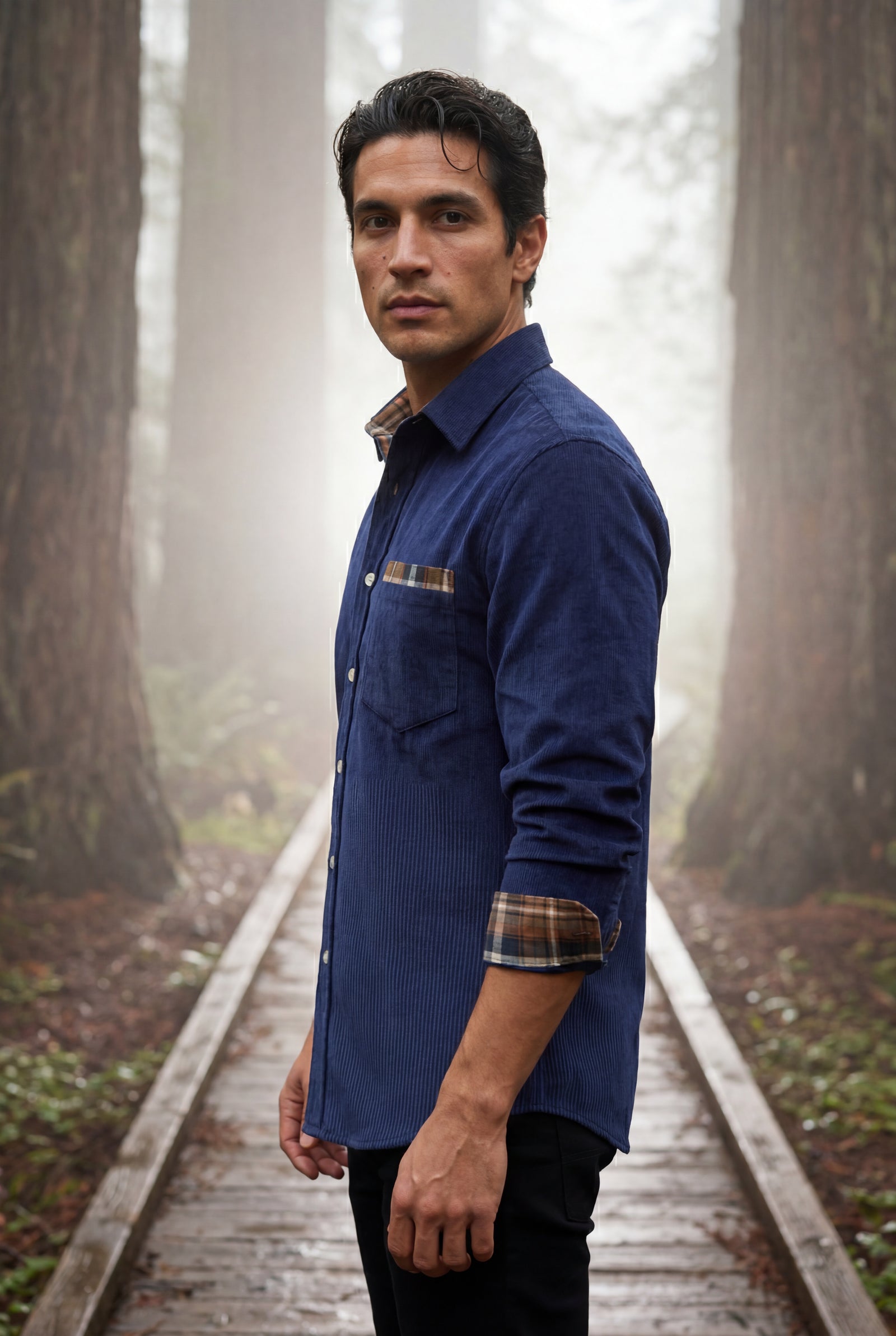 Navy Blue Men's Plaid Trim Button-Up Casual Shirt - Photo 13