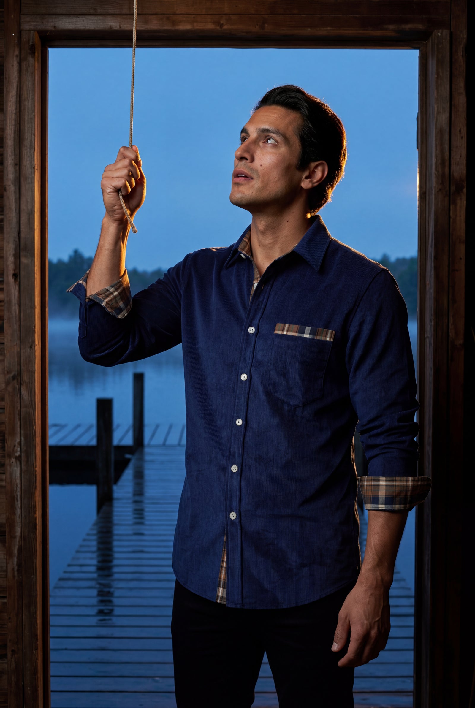 Navy Blue Men's Plaid Trim Button-Up Casual Shirt - Photo 16