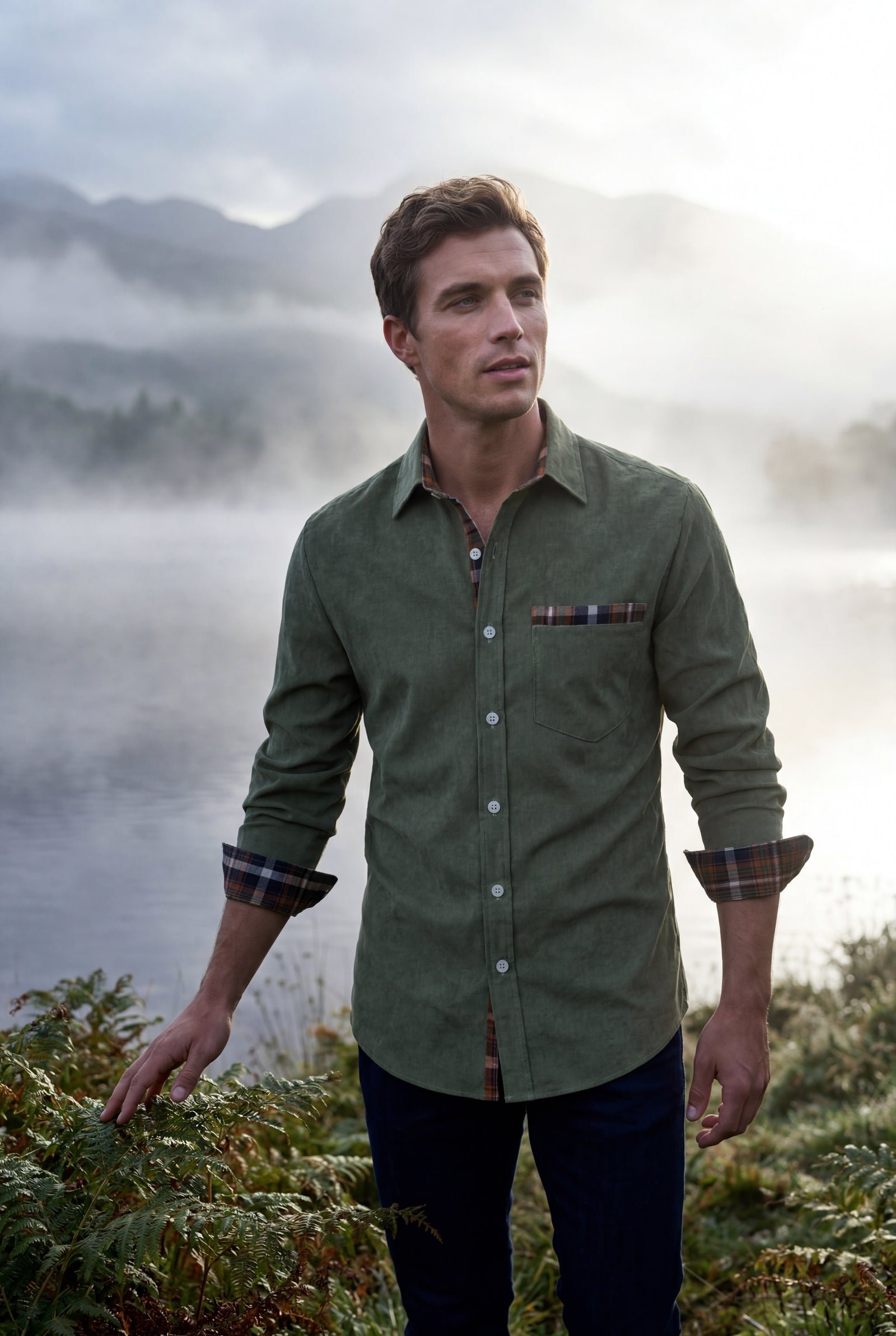 Green Men's Plaid Trim Button-Up Casual Shirt - Photo 19