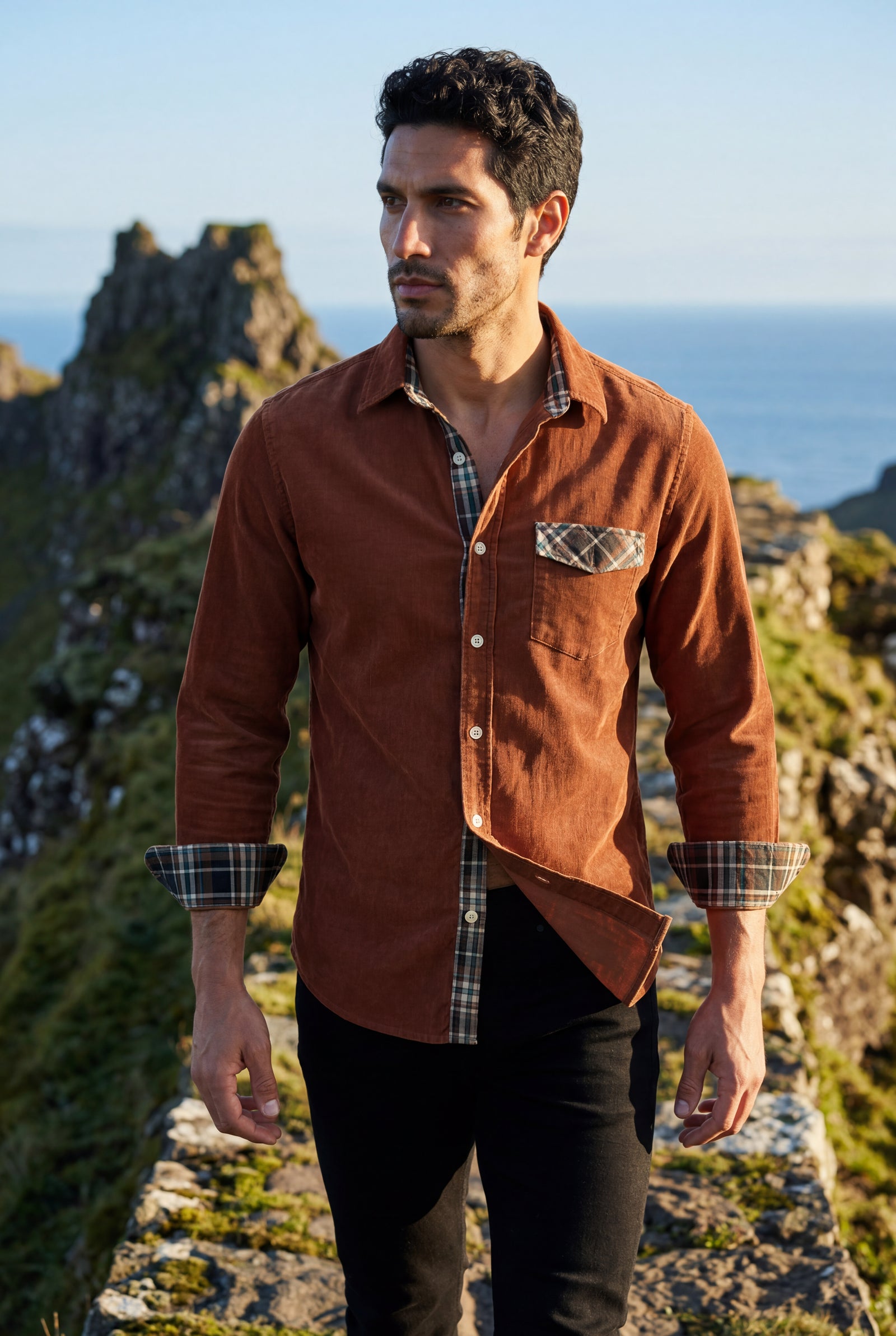 Burnt Orange Men's Plaid Trim Button-Up Casual Shirt - Photo 27