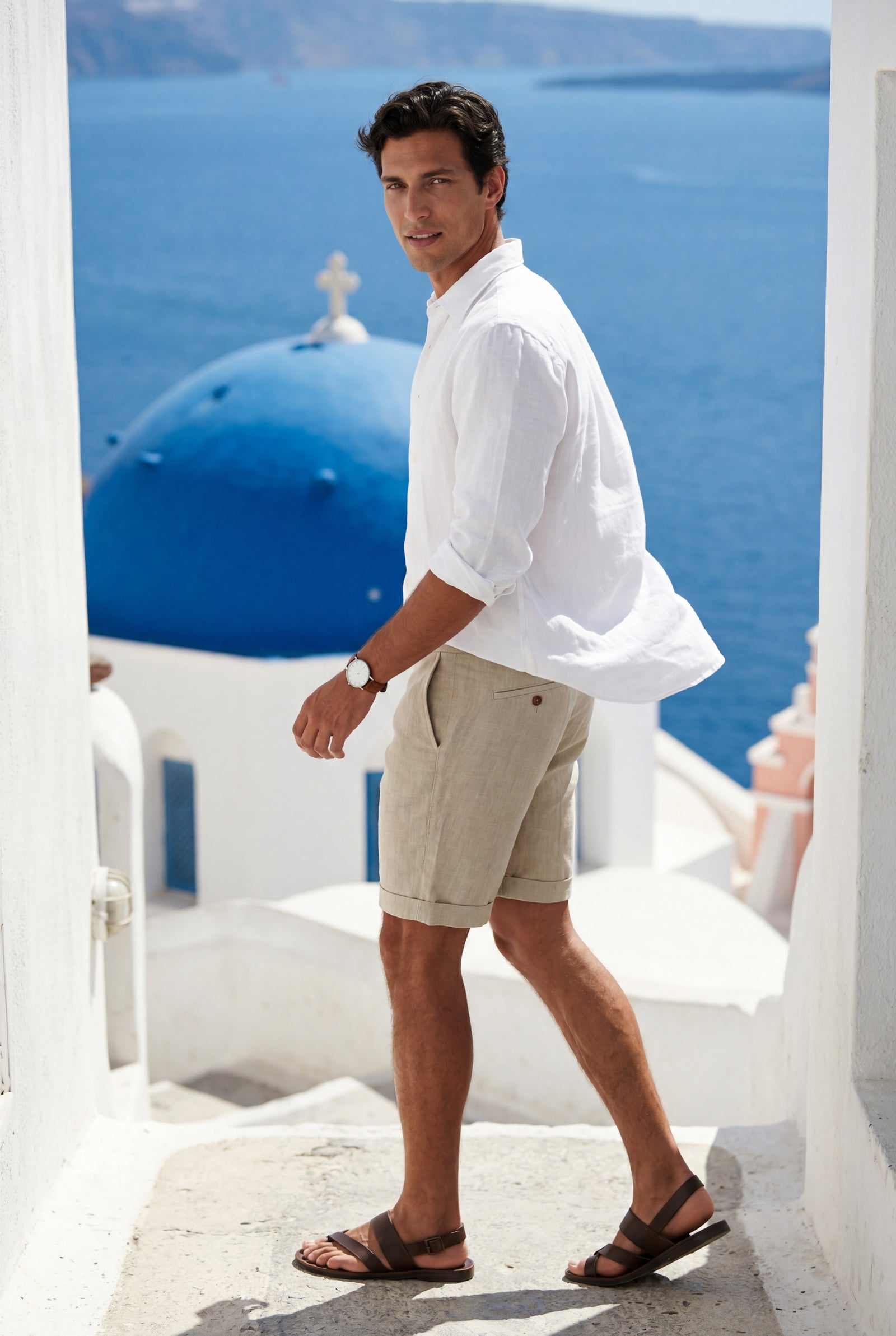 Khaki Men's Tailored Above-Knee Casual Shorts with Belt Loops - Photo 10