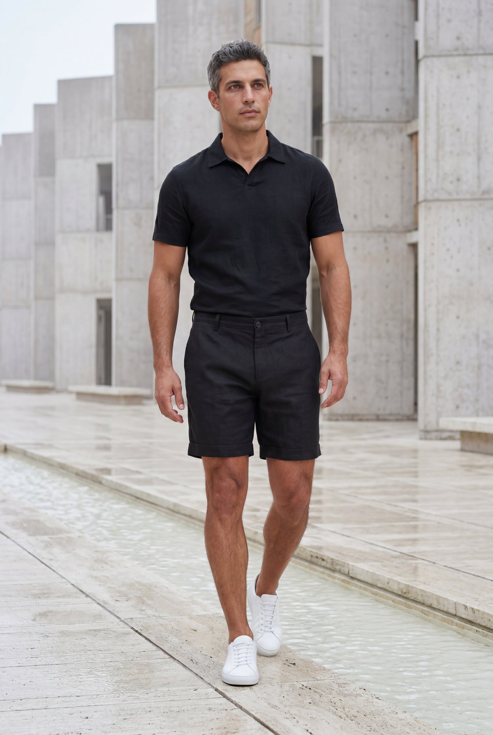 Black Men's Tailored Above-Knee Casual Shorts with Belt Loops - Photo 4