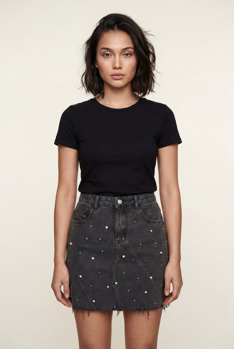 Dark Gray Pearl Embellished Washed Black Mini Skirt - Photo 2