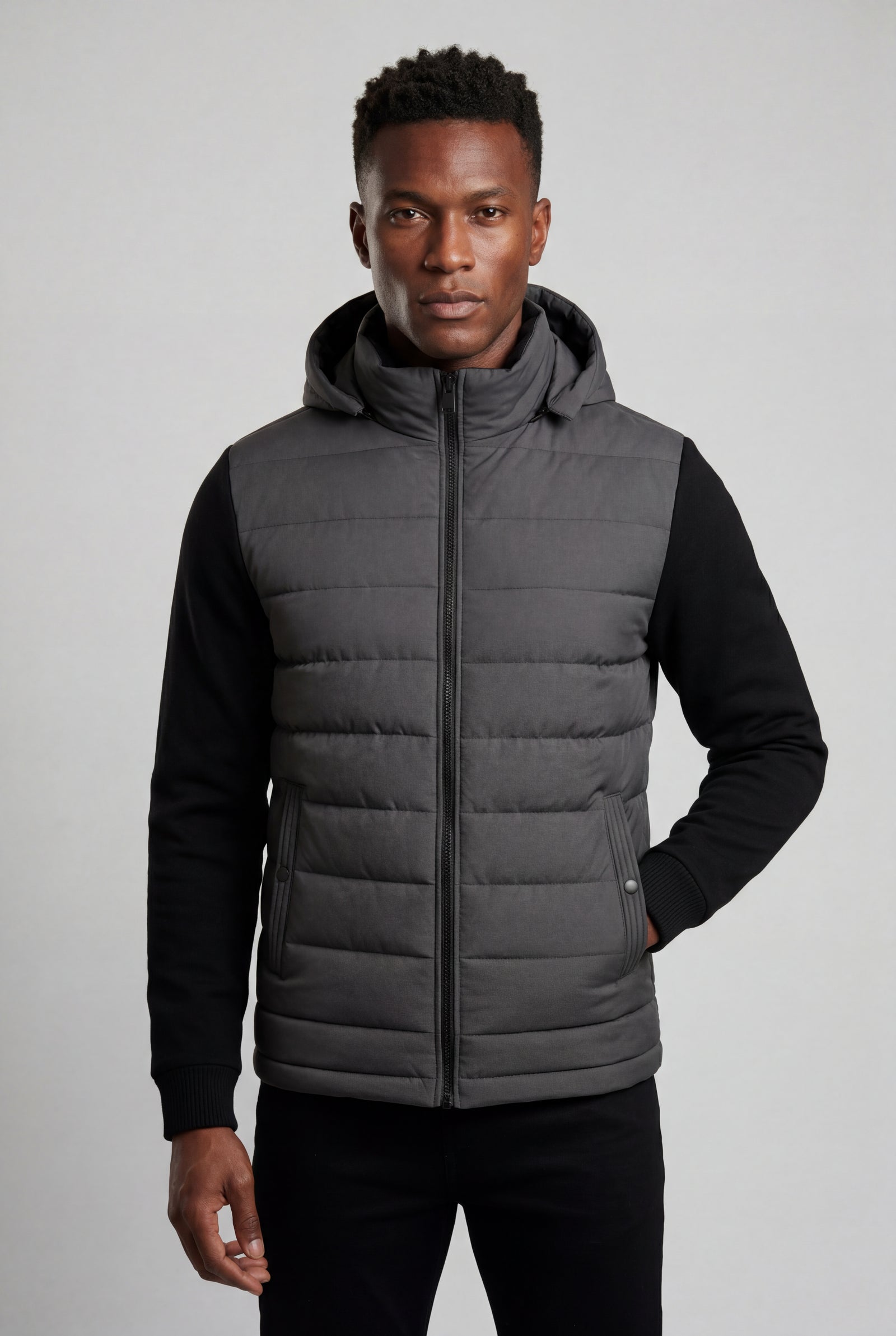 Dark Gray Quilted Hooded Hybrid Jacket with Sleeves - Hooded jackets - Photo 1
