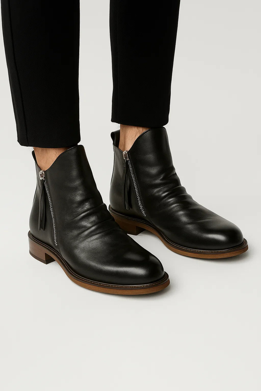 Black Ruched Zip Ankle Boots with Almond Toe and Stacked Heel - Chelsea ankle boots - Photo 7