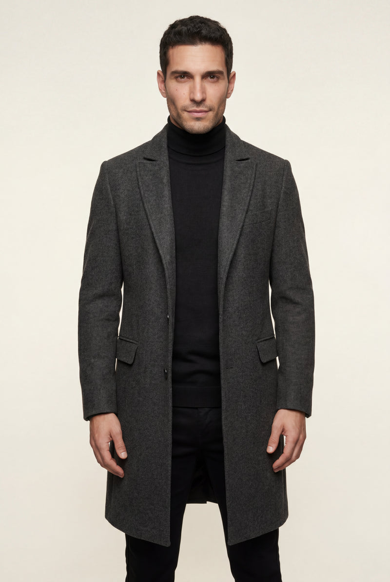 Dark Gray Slim Tailored Single-breasted Overcoat with Notched Lapel - Photo 1