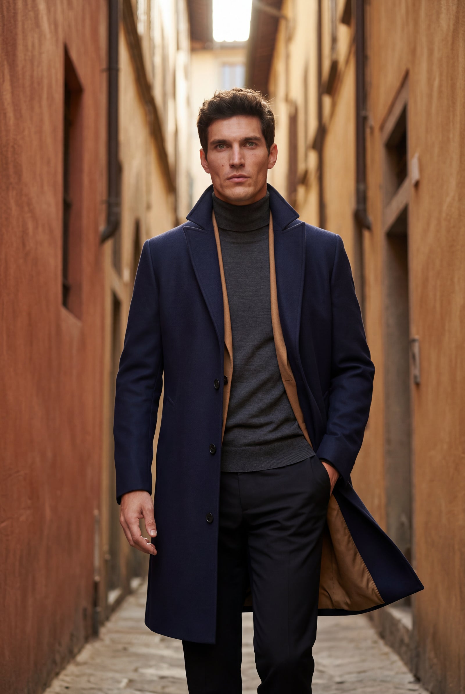 Navy Blue Slim Tailored Single-breasted Overcoat with Notched Lapel - Photo 10