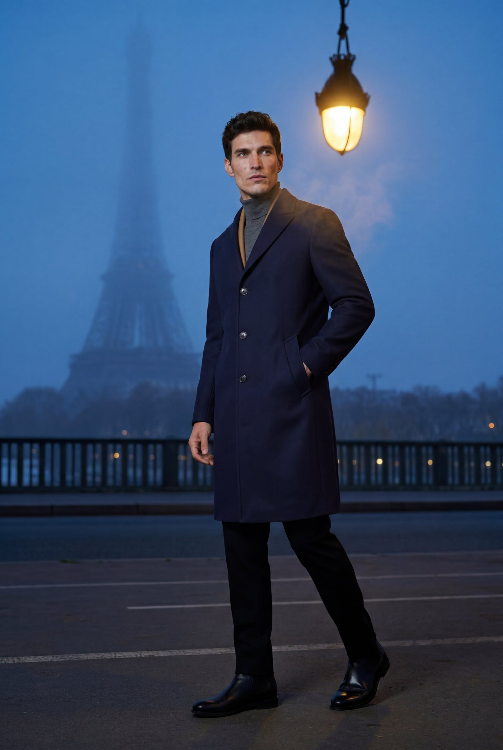 Navy Blue Slim Tailored Single-breasted Overcoat with Notched Lapel - Photo 11