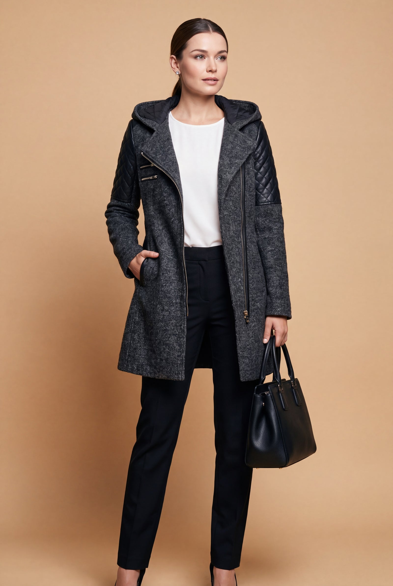 Women's Coat Hooded Elegant in Dark Gray — studio shot
