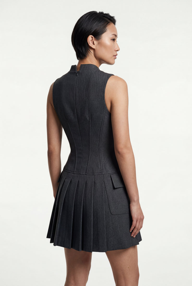 Dark Gray Women's Charcoal Sleeveless Tailored Mini Dress with Pleats - Photo 2
