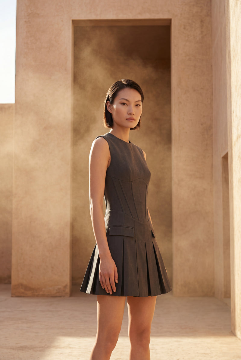 Dark Gray Women's Charcoal Sleeveless Tailored Mini Dress with Pleats - Photo 4
