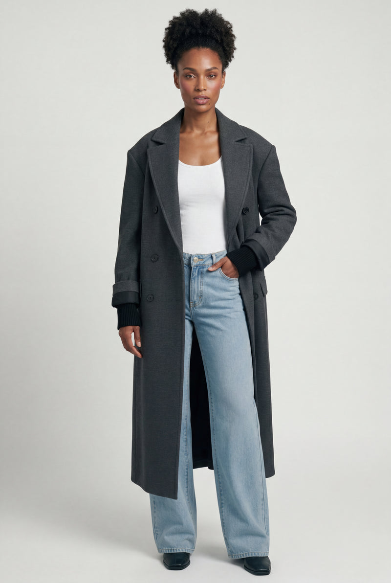 Dark Gray Women's Oversized Double-Breasted Long Coat with Lapel - Oversized coats - Photo 1