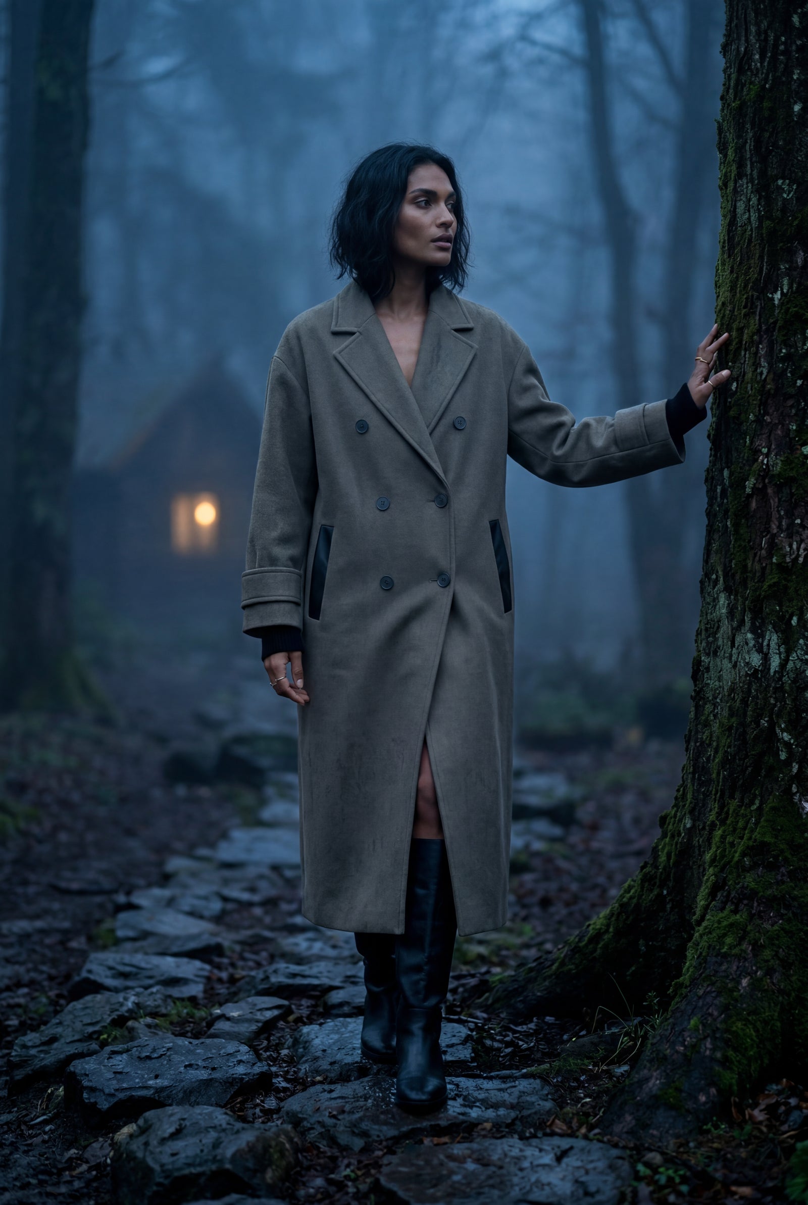 Taupe Women's Oversized Double-Breasted Long Coat with Lapel - Oversized coats - Photo 10