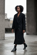 Black Women's Oversized Double-Breasted Long Coat with Lapel - Oversized coats - Photo 13