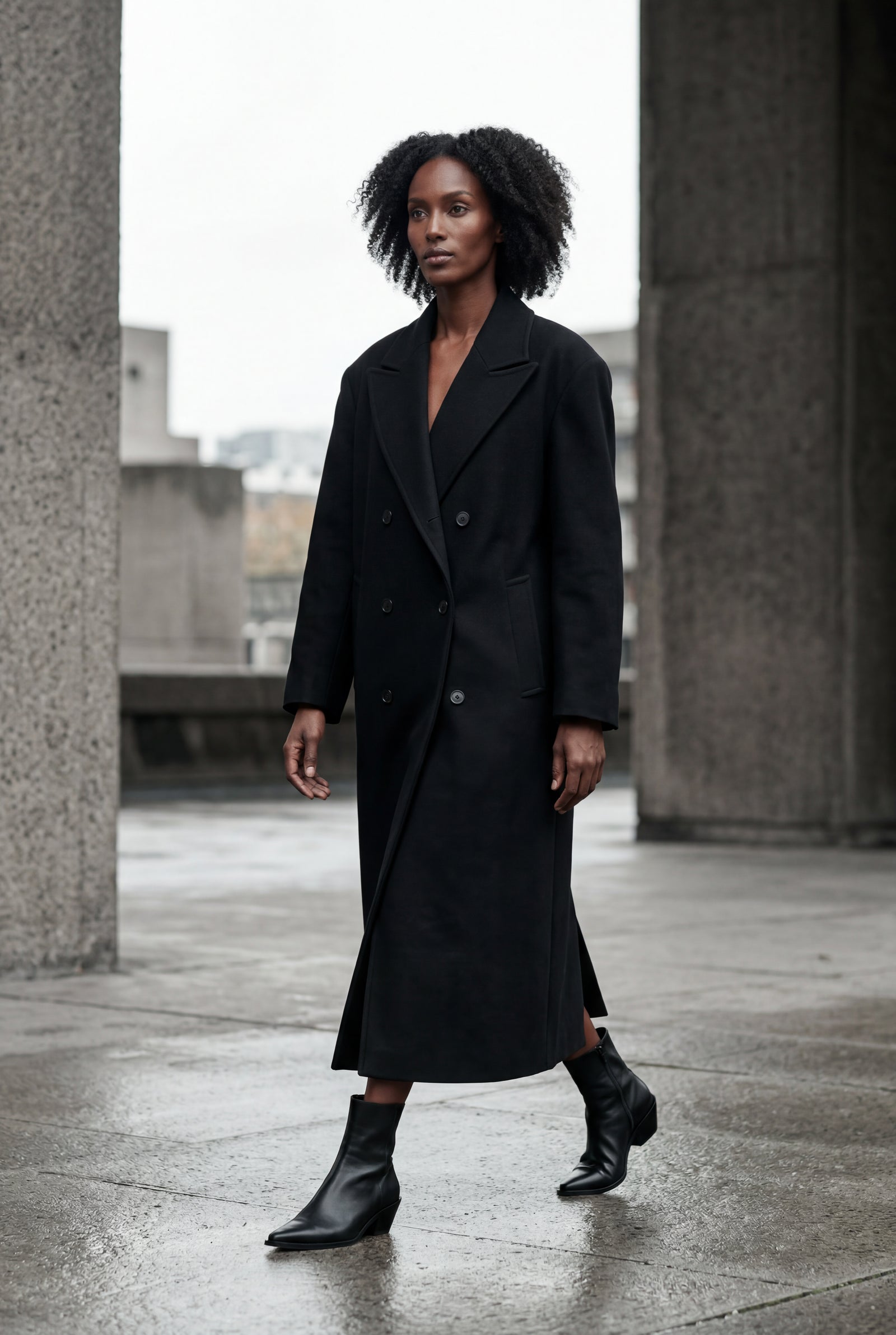 Black Women's Oversized Double-Breasted Long Coat with Lapel - Oversized coats - Photo 13
