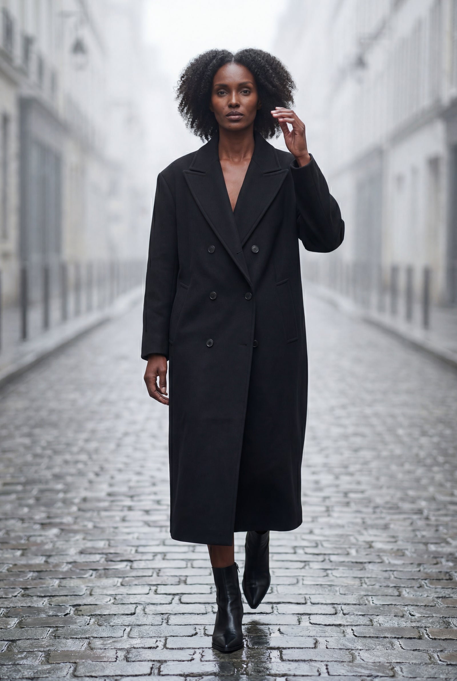 Black Women's Oversized Double-Breasted Long Coat with Lapel - Oversized coats - Photo 14