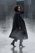 Black Women's Oversized Double-Breasted Long Coat with Lapel - Oversized coats - Photo 15