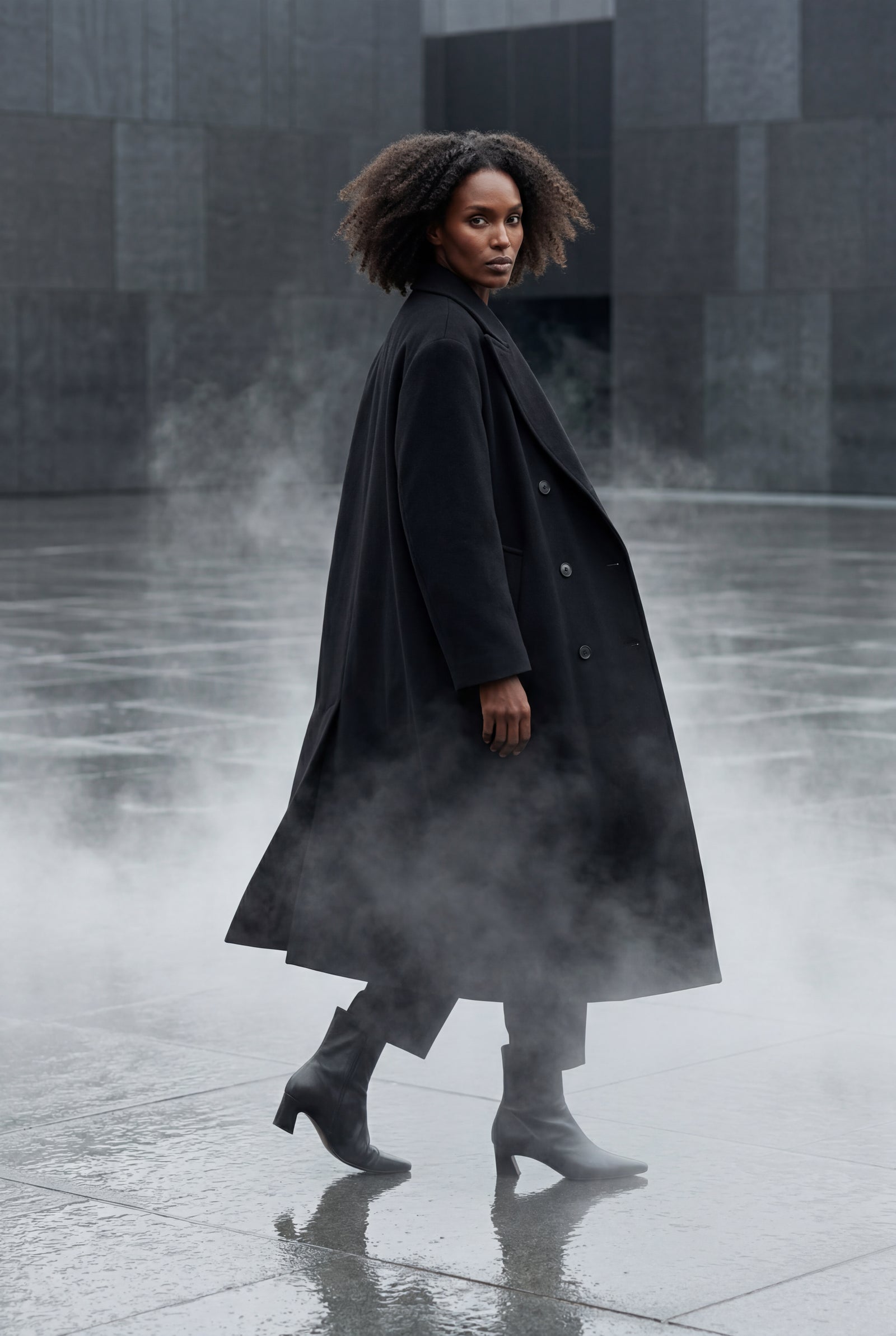 Black Women's Oversized Double-Breasted Long Coat with Lapel - Oversized coats - Photo 15