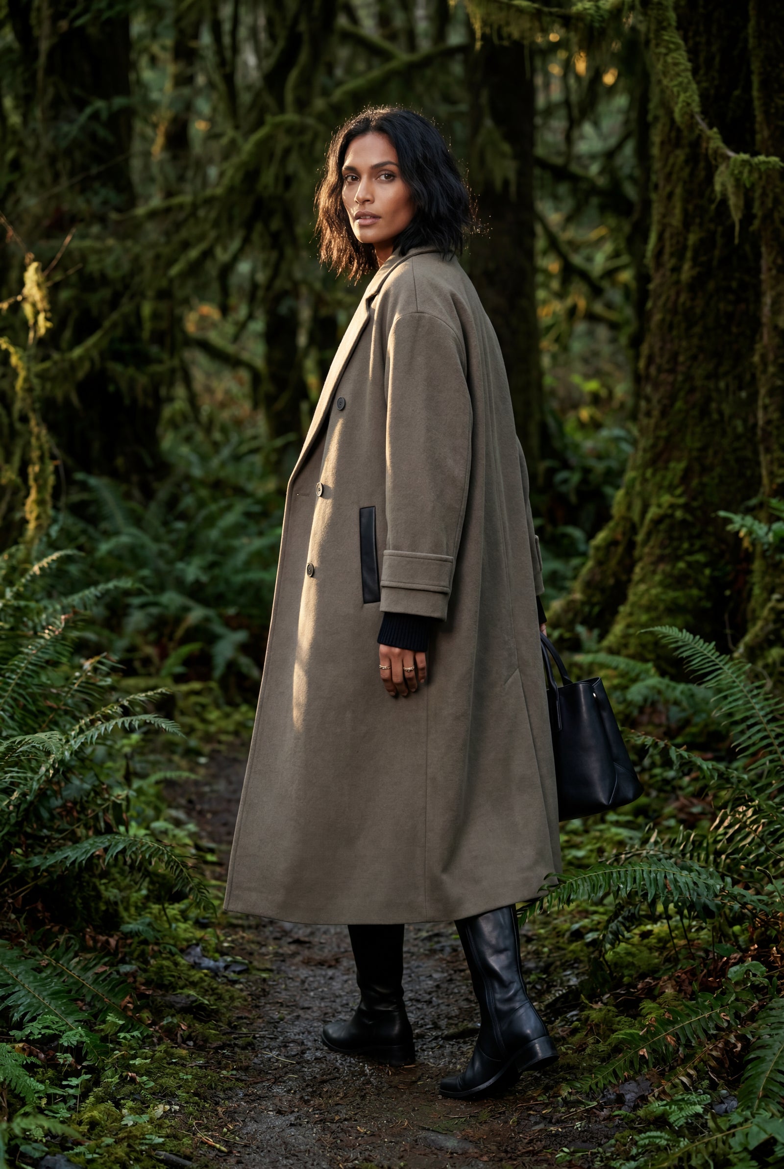 Taupe Women's Oversized Double-Breasted Long Coat with Lapel - Oversized coats - Photo 7