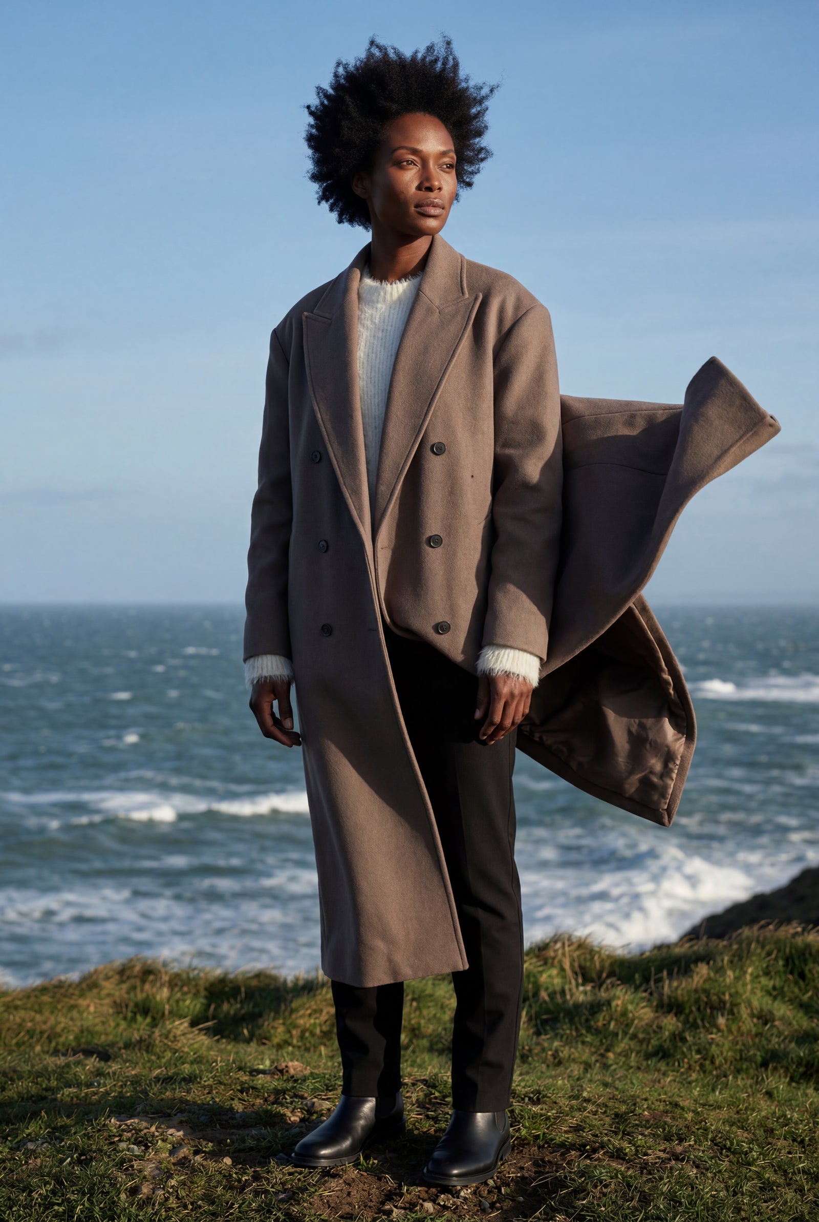 Brown Women's Oversized Double-Breasted Long Coat with Lapel - Oversized coats - Photo 8