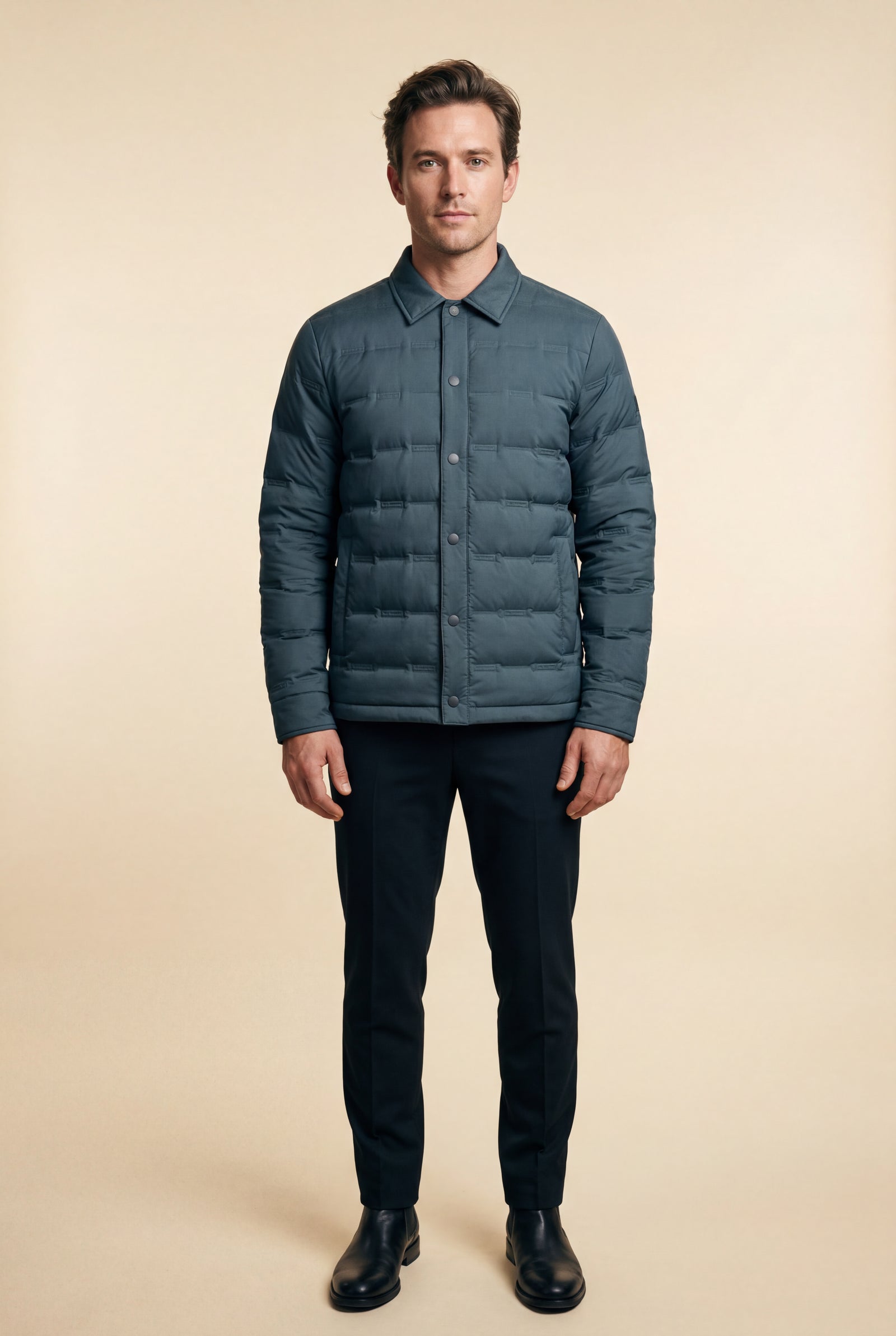 Dark Green Chevron Quilted Snap-front Puffer Shirt Jacket - Puffer jackets - Photo 10