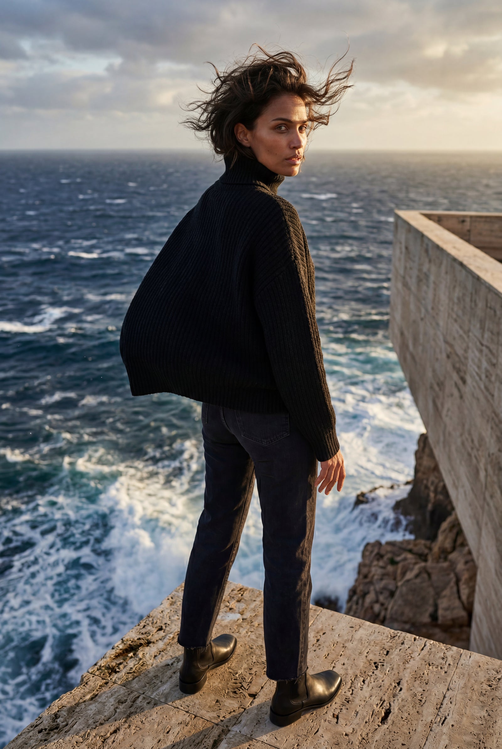 Black Chunky Ribbed Oversized Turtleneck Sweater - Photo 9
