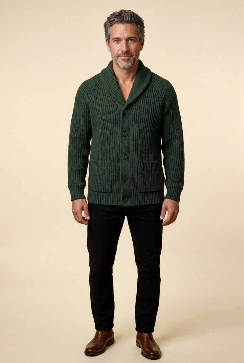 Dark Green Chunky Ribbed Shawl Collar Cardigan with Button Front - Photo 4