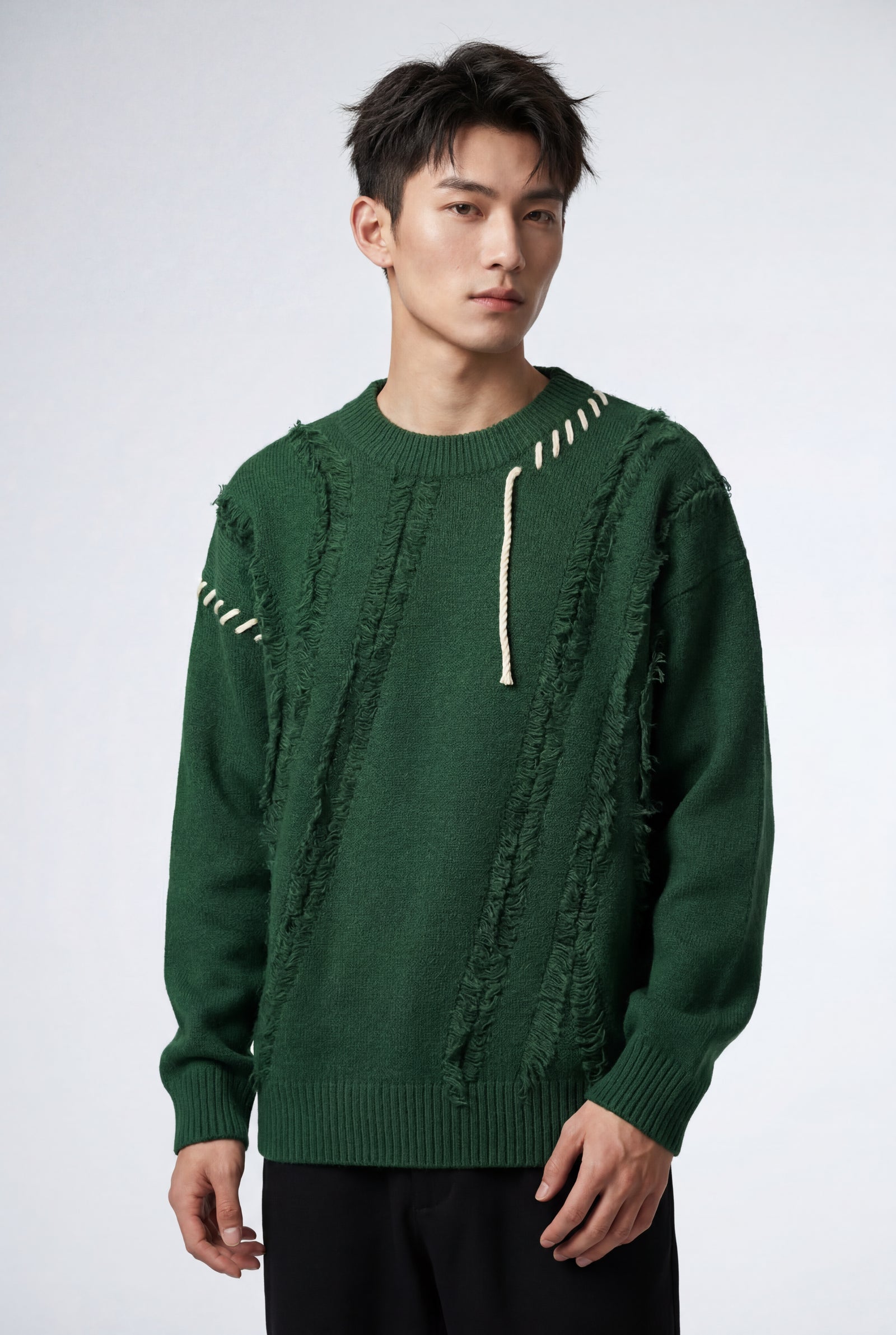 Dark Green Fringe Artisan Detail Crewneck Sweater - Photo 2