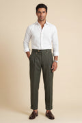 Dark Green Men's High-Waisted Pleated Tailored Trousers Deep Olive - Pleated trousers - Photo 1
